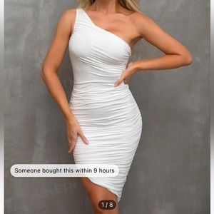 White ruched one shoulder asymmetrical hem dress